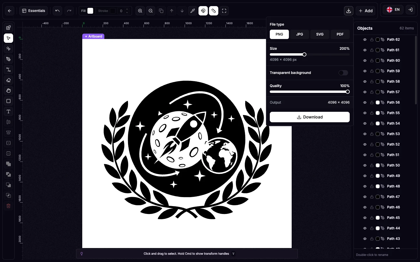The real SvgCraft editor download panel with PNG, JPG, SVG, and PDF file type options
