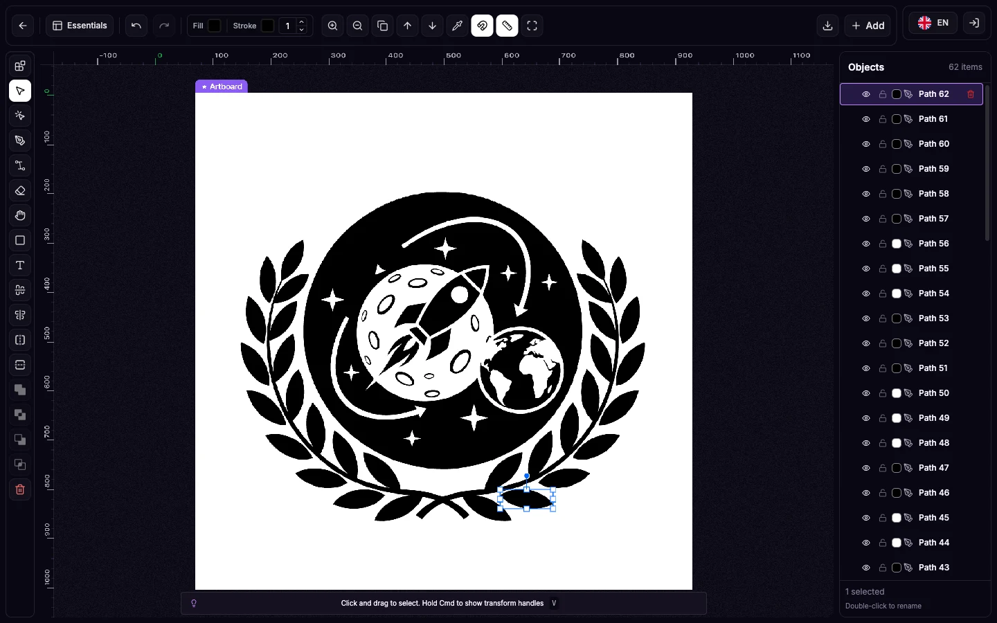 The real SvgCraft editor with one vector path selected and transform handles visible